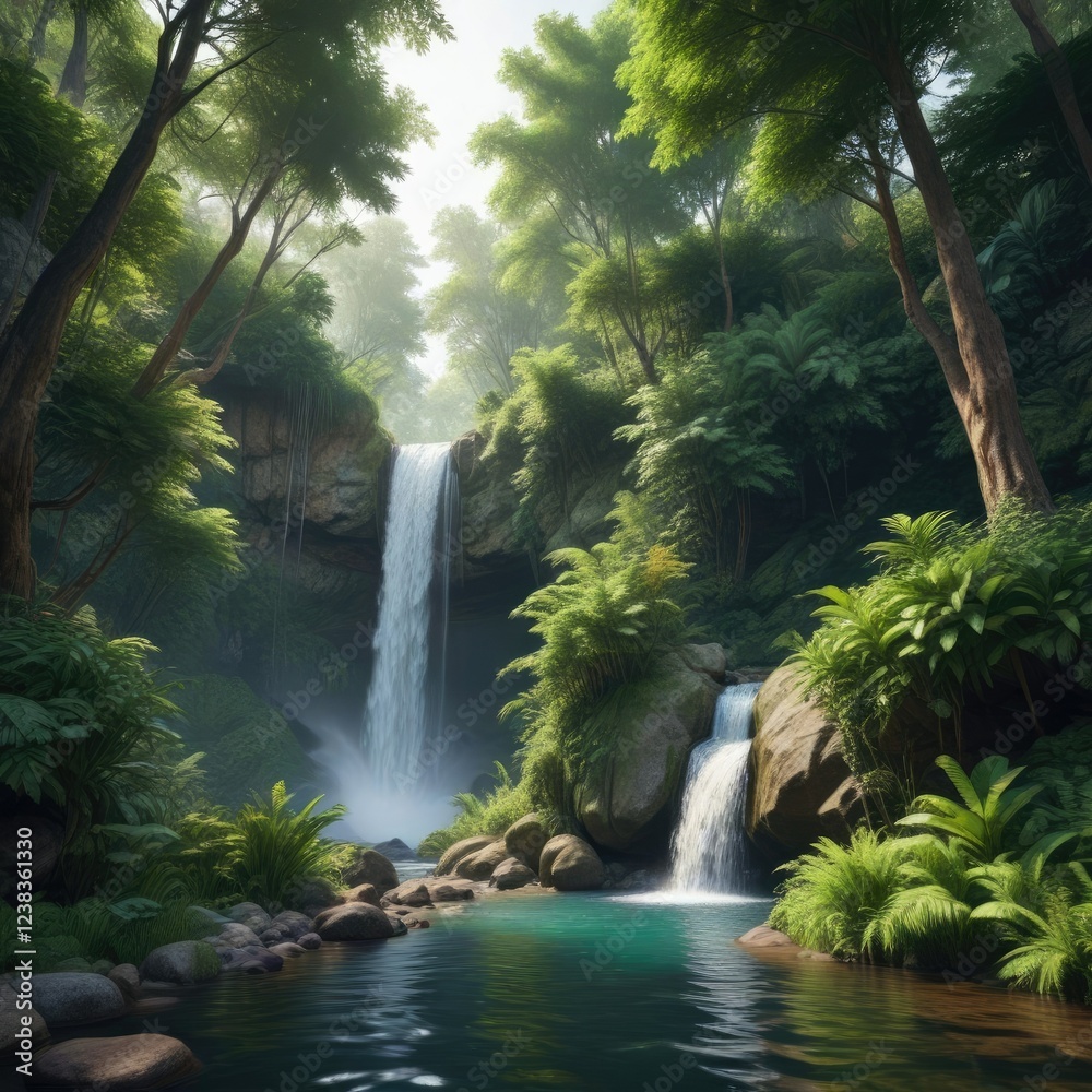 Tall trees and lush greenery framing a small waterfall, natural beauty, , nature landscape Tall trees and lush greenery framing a small waterfall, natural beauty, , nature landscape
