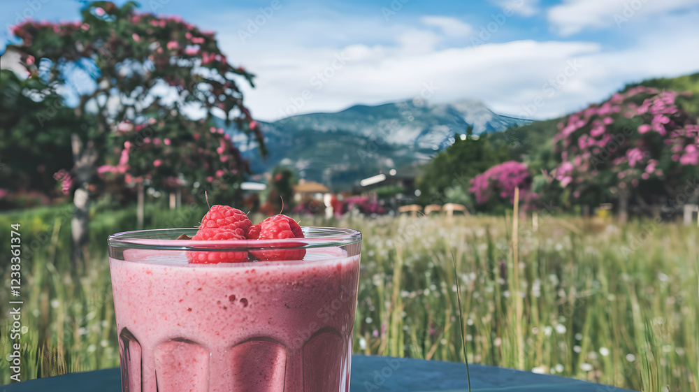 A refreshing raspberry smoothie in a clear glass, garnished with fresh raspberries, placed on a table with a blurred natural background, evoking a summer vibe and healthy living. A refreshing raspberry smoothie in a clear glass, garnished with fresh raspberries, placed on a table with a blurred natural background, evoking a summer vibe and healthy living.