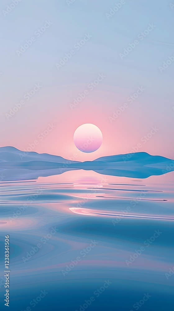 A beautiful blue ocean with a pink sun in the sky