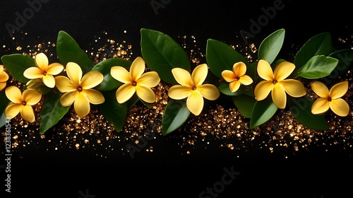 Golden Yellow Flowers Arranged With Green Leaves on Black Background
