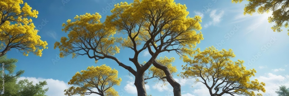 Tall tree with bright yellow flowers blooming against a clear blue sky, garden, bright yellow flowers, blue sky Tall tree with bright yellow flowers blooming against a clear blue sky, garden, bright yellow flowers, blue sky
