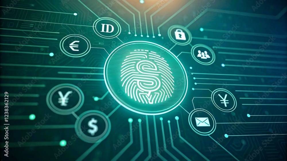 Obraz premium Digital Security Concept with Fingerprint and Various Financial Icons and Data Connections