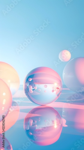 A group of colorful spheres are reflected in a blue background