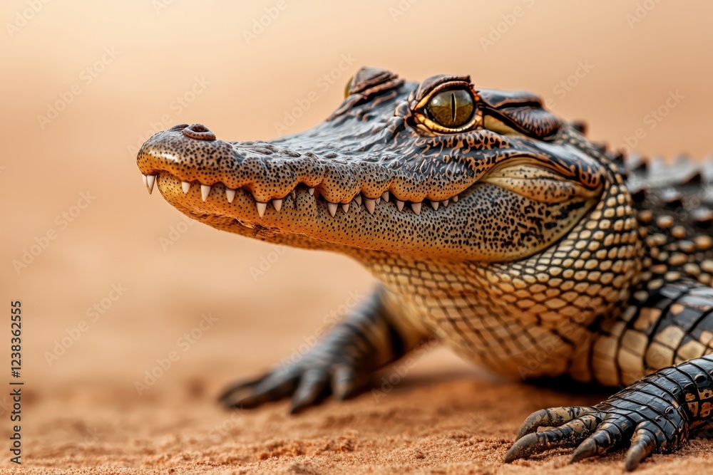 Fototapeta premium A Crocodile Basking on the Riverbank Under Dappled Sunlight in a Lush Tropical Environment The Powerful Reptile Rests Patiently Alert and Vigilant Blending Seamlessly with the Natural Surroundings