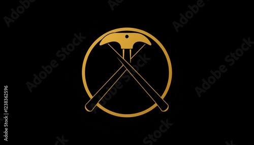 A mining industry logo featuring crossed pickaxes in a gold and black color scheme, symbolizing excavation, minerals, and industrial work, ideal for mining businesses and branding. photo