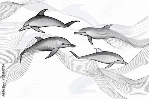 Wallpaper Mural black line art illustration of swimming dolphins with ribbons, flowing line Torontodigital.ca