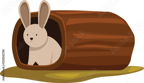 Adorable rabbit seeking shelter in hollow log, enjoying the safety and comfort of nature