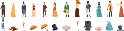 Fashion 19th century icons set. Victorian men and women wearing elegant clothes, hats, using umbrellas, canes and fans