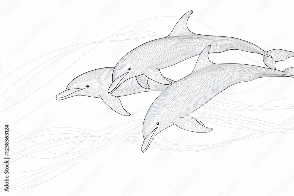 black line art illustration of swimming dolphins with ribbons, flowing line black line art illustration of swimming dolphins with ribbons, flowing line