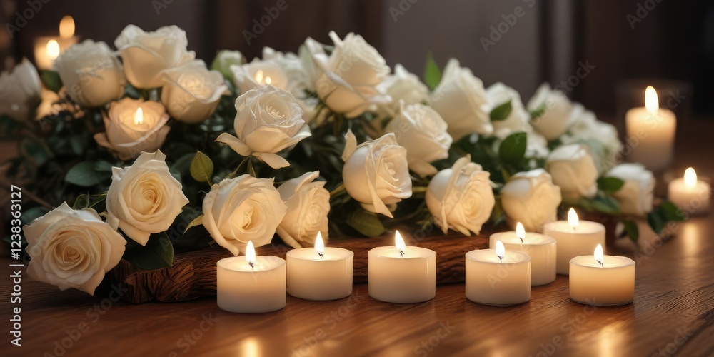 Tealight candles illuminating white roses on timber tabletop, relaxation, ambient lighting Tealight candles illuminating white roses on timber tabletop, relaxation, ambient lighting