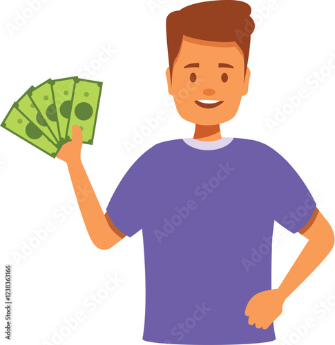 Happy young man holding money, celebrating his financial success and investment growth