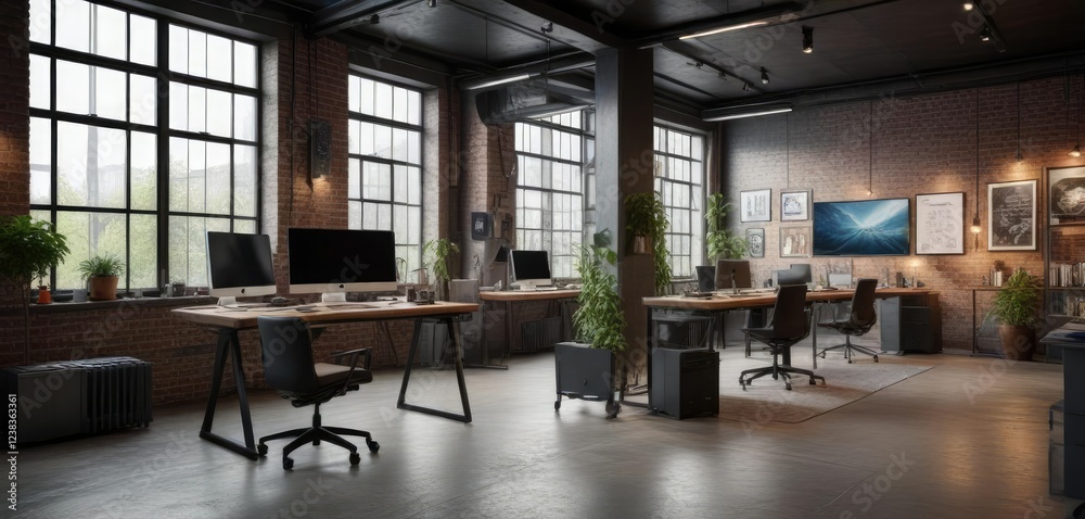 Tech-savvy loft office with state-of-the-art equipment and high-tech gadgets, contemporary, workspace Tech-savvy loft office with state-of-the-art equipment and high-tech gadgets, contemporary, workspace