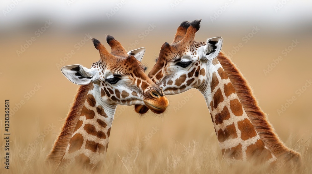 Obraz premium A pair of graceful giraffes playfully intertwining their long necks in a tranquil African savanna landscape showcasing the beauty and harmony of wildlife in their natural habitat