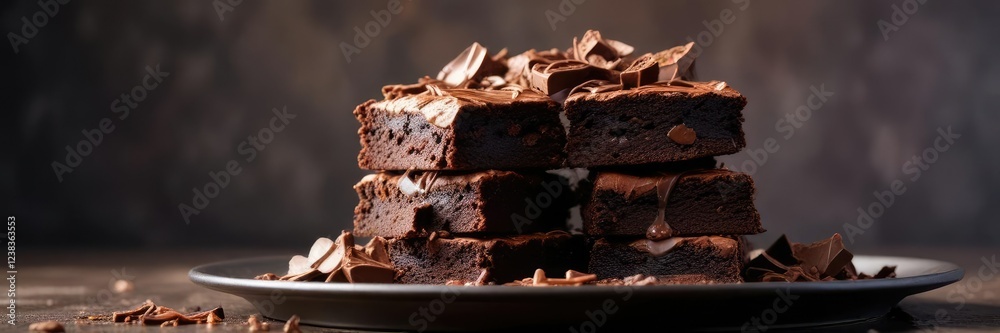 Tempting dark plate filled with a towering stack of gooey chocolate brownies , tempting, plate, chocolate Tempting dark plate filled with a towering stack of gooey chocolate brownies , tempting, plate, chocolate
