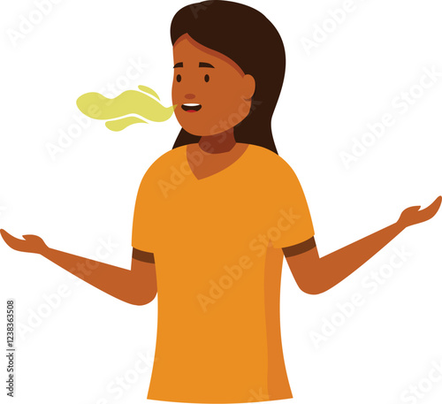 Halitosis concept with woman having bad breath problem, exhaling stinky yellow cloud