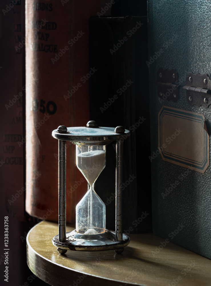 The morning sun shines hits of Silver hourglass or Sandglass and Vintage wooden box on wooden round table, Light and Shadow, use it as your Space for text, Design, Wallpaper and Poster,Selective focus