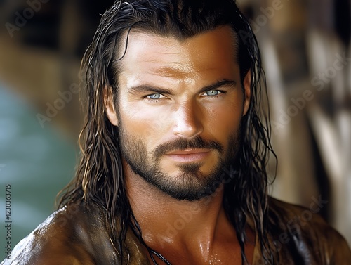 Handsome Man with Long Hair and Blue Eyes