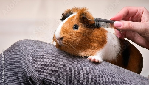 A person lovingly brushes the fur of a lively guinea pig, enhancing its vibrant coat.
