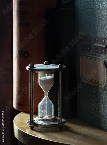 Obraz na płótnie The morning sun shines hits of Silver hourglass or Sandglass and Vintage wooden box on wooden round table, Light and Shadow, use it as your Space for text, Design, Wallpaper and Poster,Selective focus w salonie