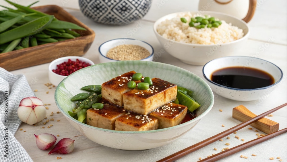 Teriyaki tofu on a decorated table with garnishes, artful presentation, Asian-inspired dishes, garnish addition, teriyaki tofu stir fry, Japanese cuisine Teriyaki tofu on a decorated table with garnishes, artful presentation, Asian-inspired dishes, garnish addition, teriyaki tofu stir fry, Japanese cuisine