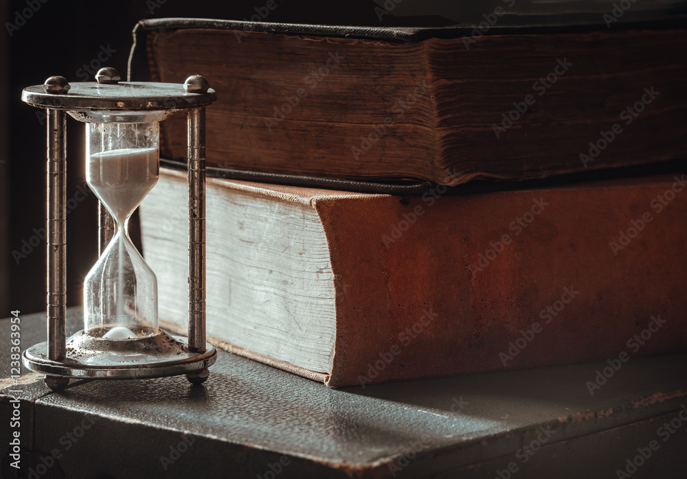 View of Silver hourglass (Sandglass) with Ancient books on dark background. Light and Shadow, use it as your Space for text, Design, Wallpaper and Poster, Selective focus.
