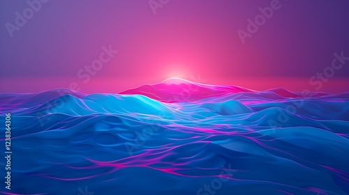 A blue ocean with a pink sun in the sky