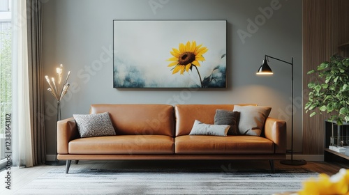 Obraz na płótnie Cozy living room with a brown sofa and a sunflower painting on the wall. A warm and inviting space for relaxation. w salonie
