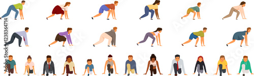Prepare start icons set. Runners are crouching at the starting line, ready to sprint forward