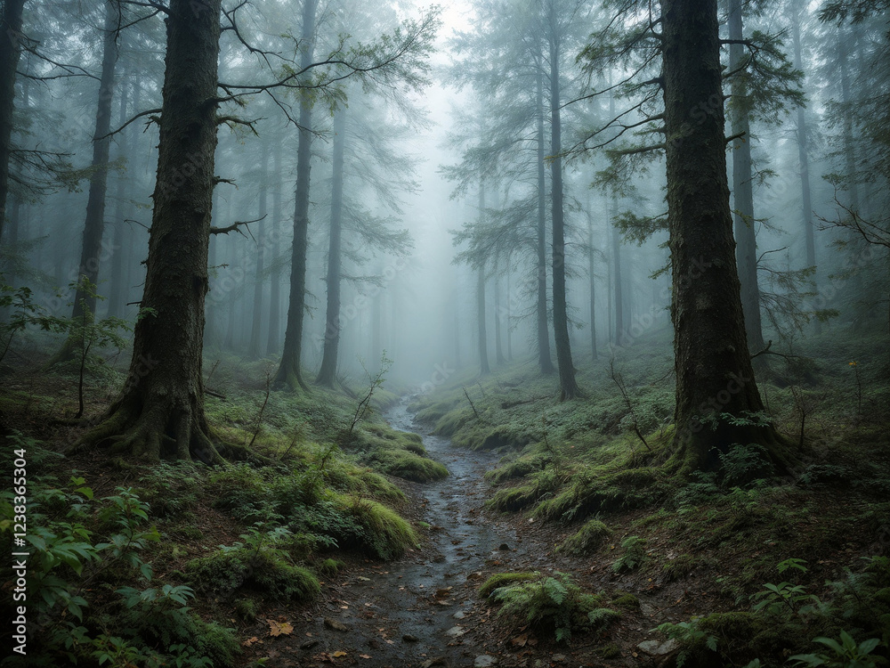 Naklejka premium Foggy forest trees stand tall with path disappearing in mist creating mystical scene