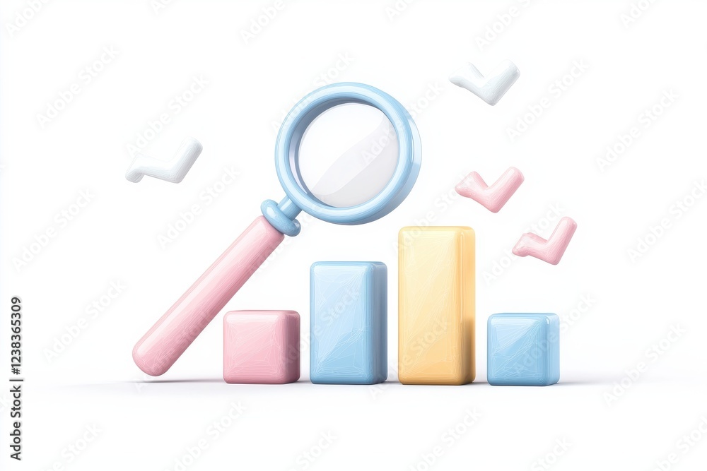 3D icon of bar chart with magnifying glass data analysis business analytics statistics intelligence reporting for growth strategy decision making and performance optimization 3D icon of bar chart with magnifying glass data analysis business analytics statistics intelligence reporting for growth strategy decision making and performance optimization