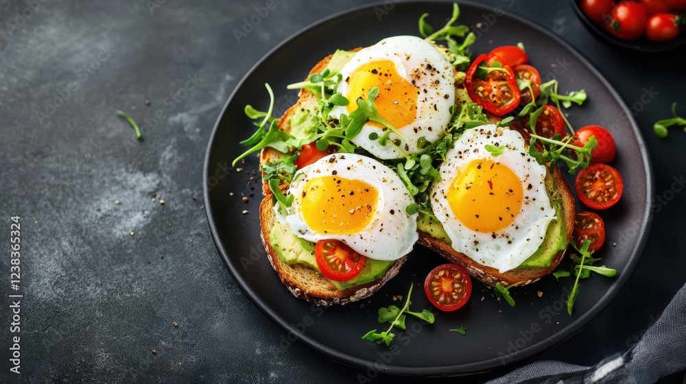 Delight in a colorful plate featuring gourmet avocado toast layered on sourdough, topped with sunny-side-up eggs, and garnished with fresh cherry tomatoes and greens, perfect for brunch Delight in a colorful plate featuring gourmet avocado toast layered on sourdough, topped with sunny-side-up eggs, and garnished with fresh cherry tomatoes and greens, perfect for brunch