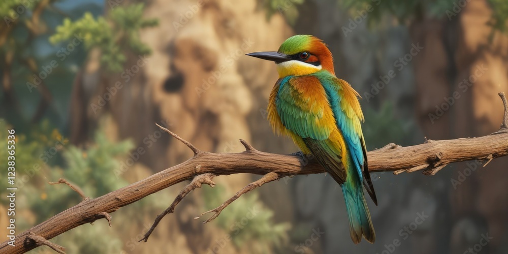 Fototapeta premium The bee eater perched on a branch with its long, curved beak, branch, natural world, curved beak