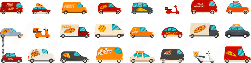 Naklejka premium Pizza delivery car icons set. Various colorful vehicles delivering pizza to hungry customers, ensuring fast and efficient food transportation