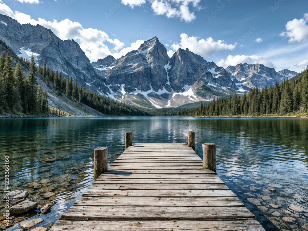 Mountain lake with wooden dock under blue sky scenic alpine landscape Mountain lake with wooden dock under blue sky scenic alpine landscape