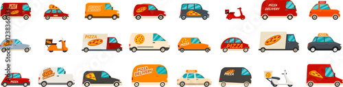 Pizza delivery car icons set. Various colorful vehicles delivering pizza to hungry customers, ensuring fast and efficient food transportation