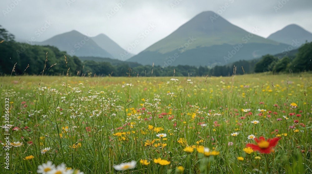 Fototapeta premium National parks nature concept. Vibrant wildflower field with mountains in the background under a cloudy sky.