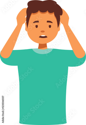 Stressed man holding hands on head suffering from migraine, feeling strong headache, dizziness and frustration symptom