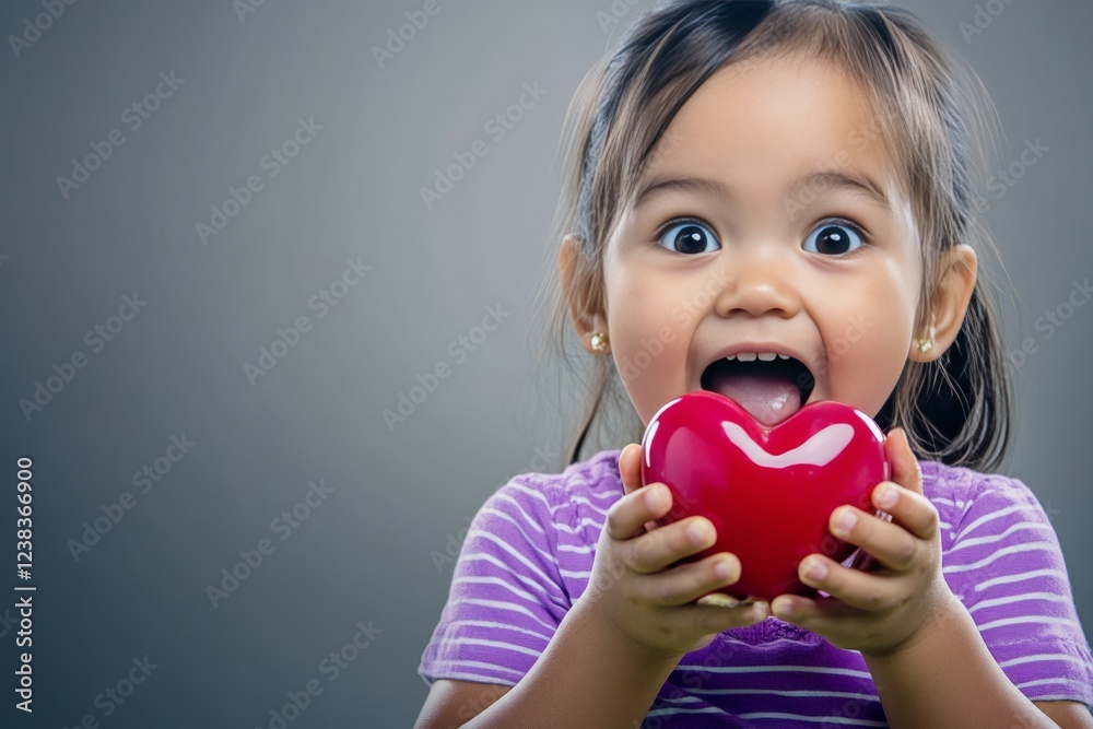 Сhildren valentine's day greeting card: child girl with shocked face holds red heart in hands. Commercial ad creative. Sign of love. Romantic family valentine's scene. Family red heart photo. Сhildren valentine's day greeting card: child girl with shocked face holds red heart in hands. Commercial ad creative. Sign of love. Romantic family valentine's scene. Family red heart photo.