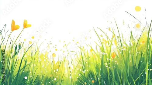 Lush Green Grass with Bright Yellow Butterflies and Soft Sunlight