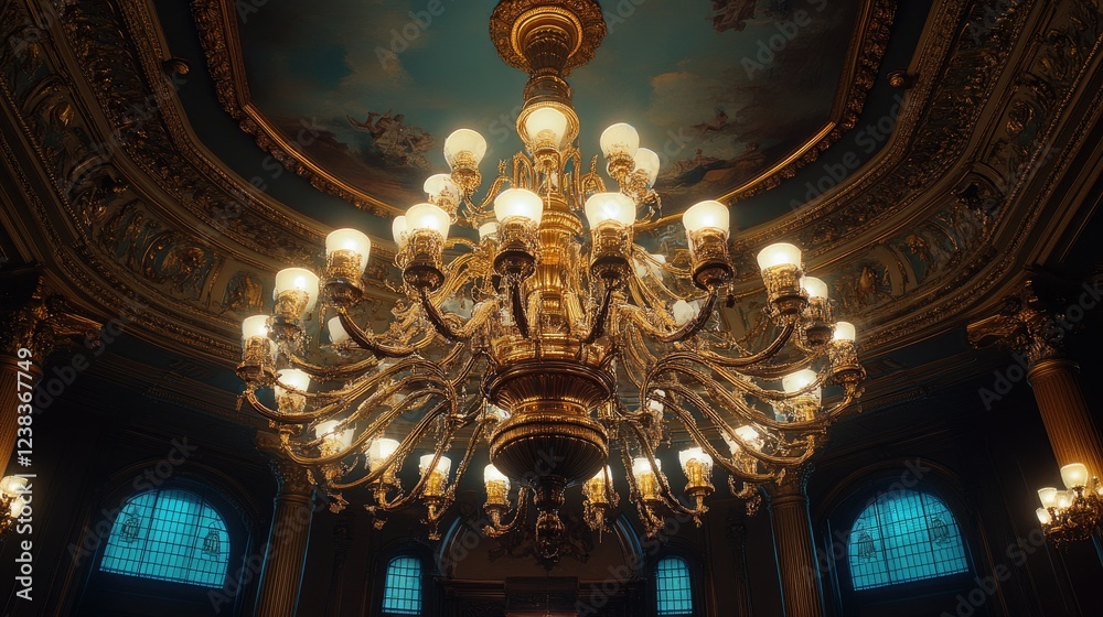 Ornate Gold Chandelier Illuminates Gilded Ceiling Ornate Gold Chandelier Illuminates Gilded Ceiling