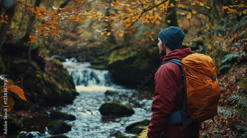 Man in Nature: Enjoying Autumn by the River with a Backpack Man in Nature: Enjoying Autumn by the River with a Backpack