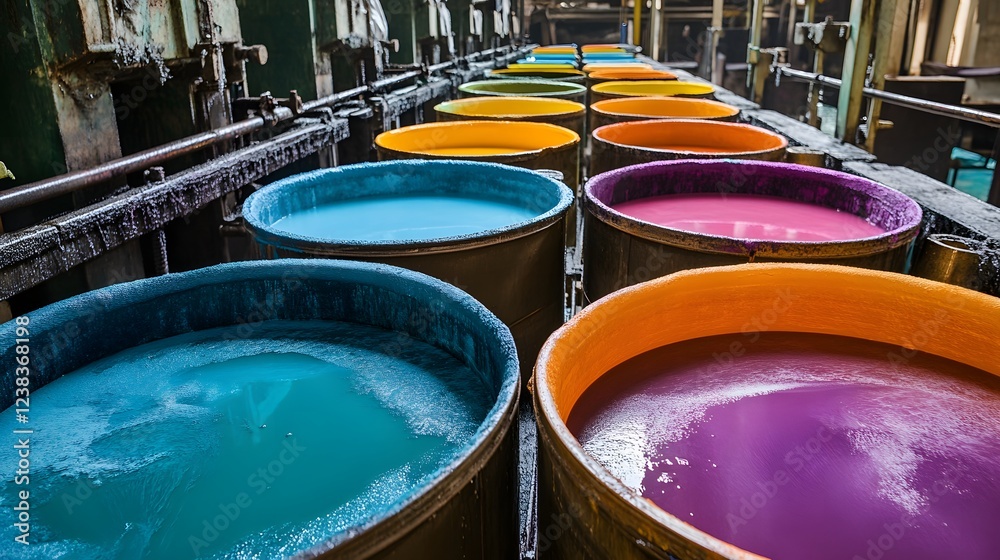 Vibrant Dye Tanks in a Textile Factory: Rows of large industrial dye tanks overflow with vibrant hues, showcasing the captivating process of textile production. Vibrant Dye Tanks in a Textile Factory: Rows of large industrial dye tanks overflow with vibrant hues, showcasing the captivating process of textile production.
