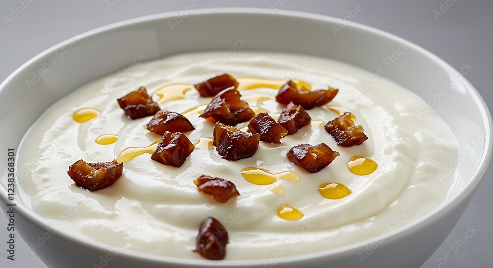 A bowl of creamy yogurt topped with chopped dates and a drizzle of honey. A bowl of creamy yogurt topped with chopped dates and a drizzle of honey.