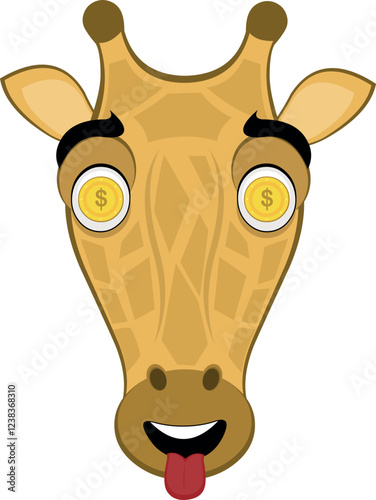 vector illustration emoji head character giraffe cartoon, with an ambitious expression, coins in his eyes and his tongue sticking out