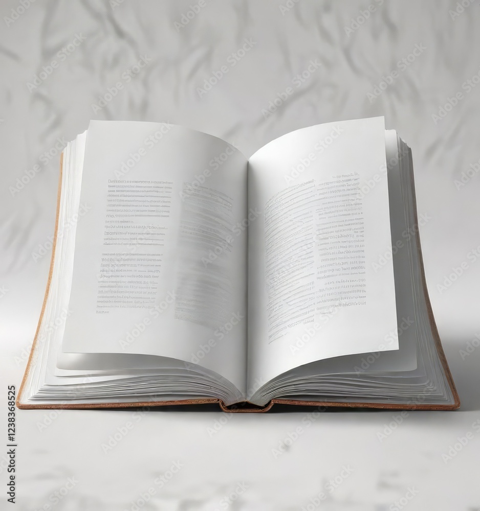 Fototapeta premium The empty pages of an open book centered on a plain white surface showcasing its potential, untouched pages, crisp paper, pristine book