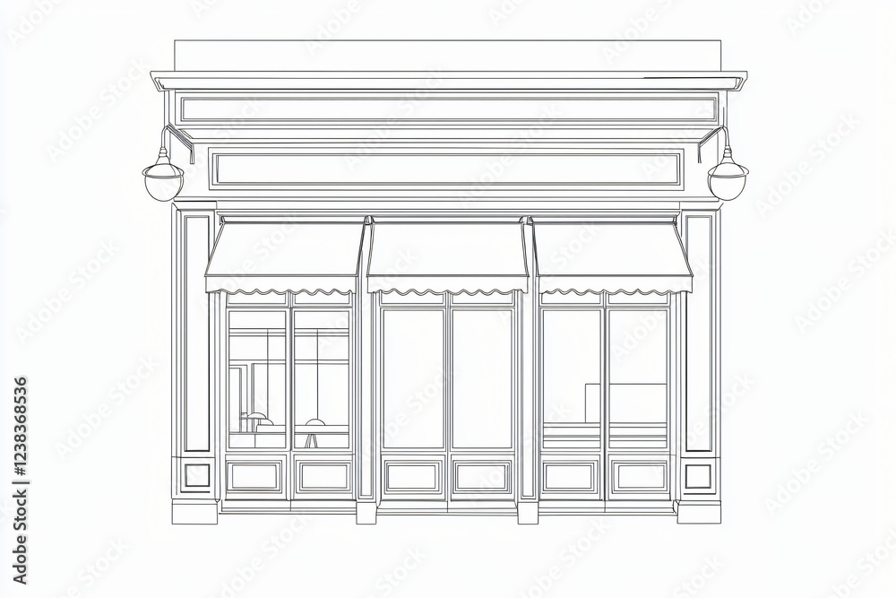 black line art illustration of parisian cafe storefront, art deco windows, empty awning space, white background black line art illustration of parisian cafe storefront, art deco windows, empty awning space, white background