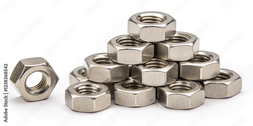 Small Pile of Metal Nuts Isolated on White Background for Hardware Small Pile of Metal Nuts Isolated on White Background for Hardware
