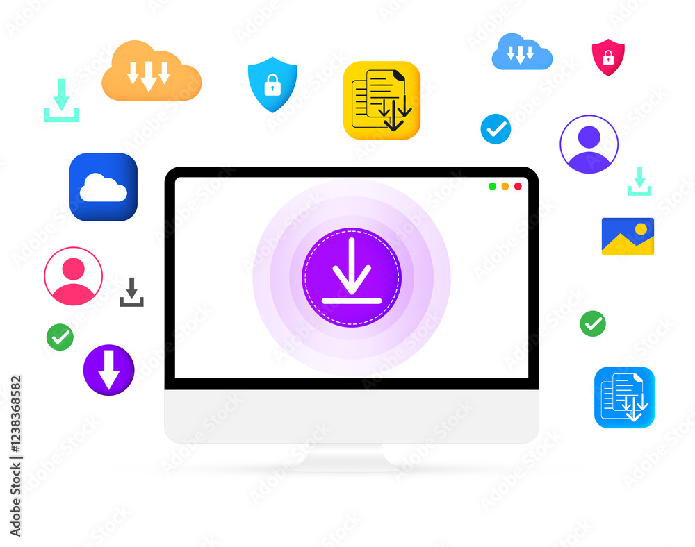 Online file downloading concept infographics in colorful shapes with Computer screen in the center. Internet downloading concept, modern, file, data, speed Online file downloading concept infographics in colorful shapes with Computer screen in the center. Internet downloading concept, modern, file, data, speed