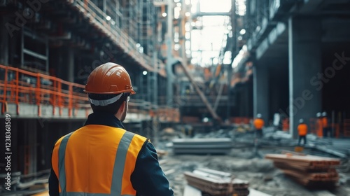 Wallpaper Mural Construction Worker Overlooking a Busy Site with Heavy Machinery and Workers Wearing Safety Gear Torontodigital.ca