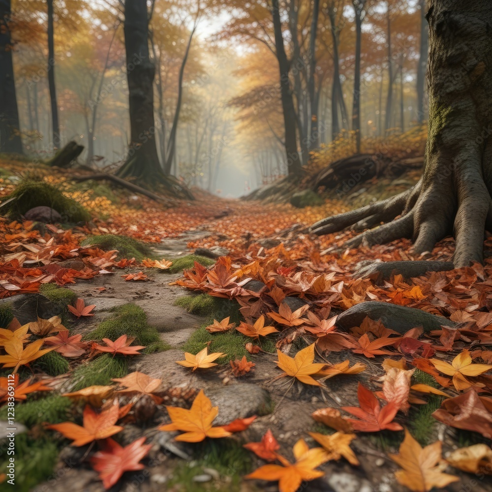 The forest floor is carpeted with a thick layer of fallen leaves, trees, autumn colors, woods The forest floor is carpeted with a thick layer of fallen leaves, trees, autumn colors, woods